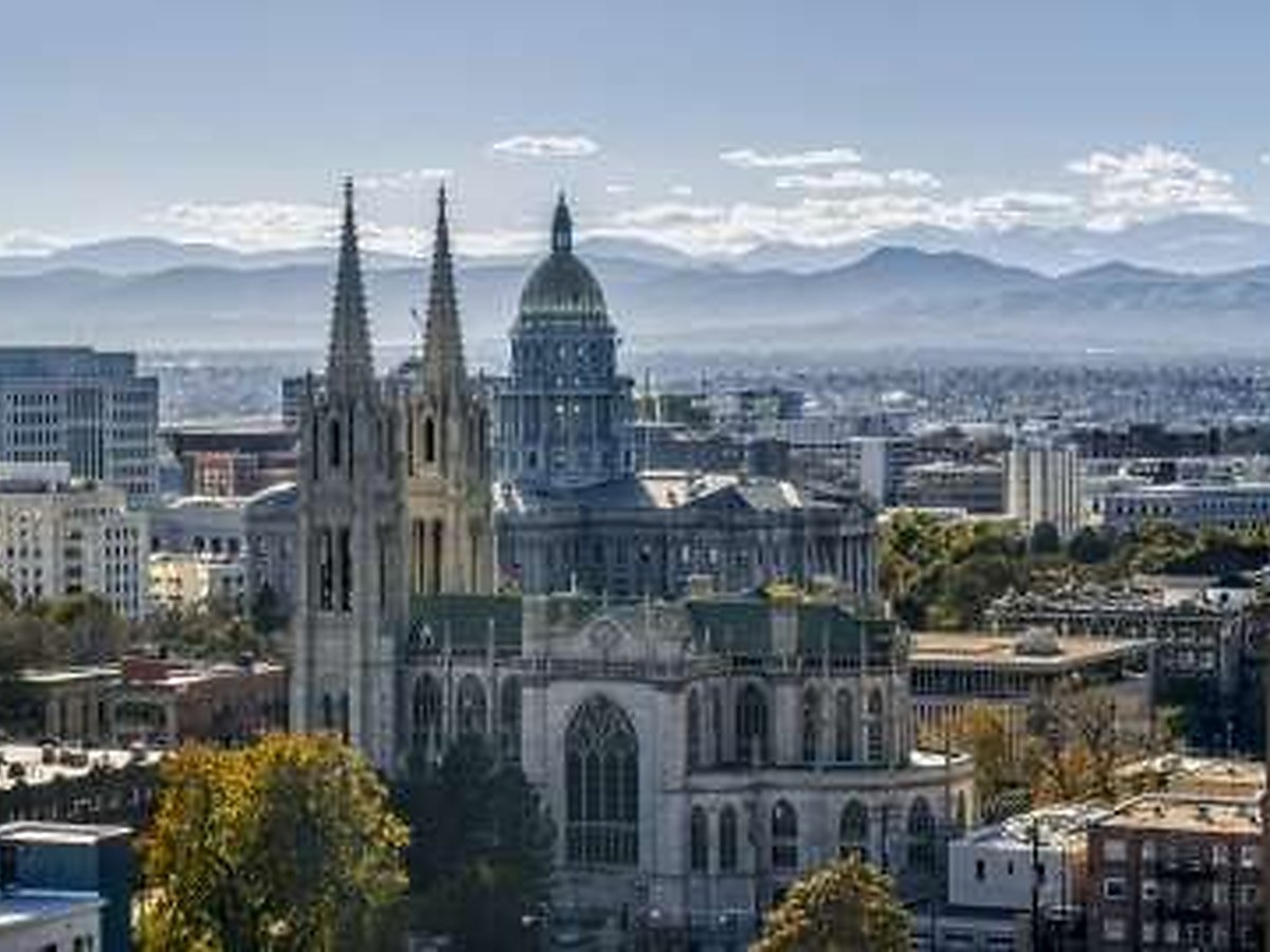 Colorado State Capitol, cathedral and Front Range mountains